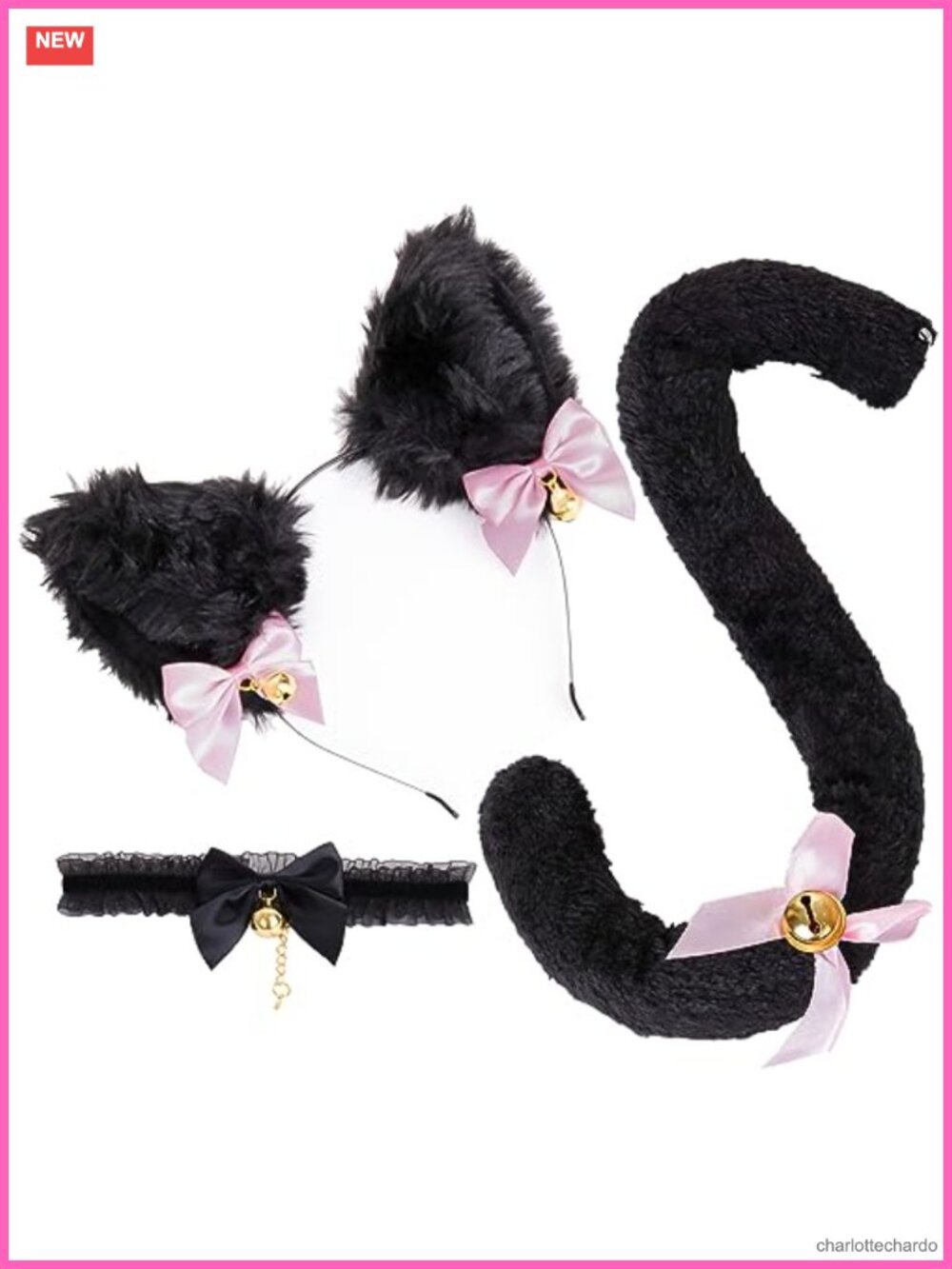 Cat Ears Tail & Choker Set Bow Bells Cosplay Halloween 3Pc Adult